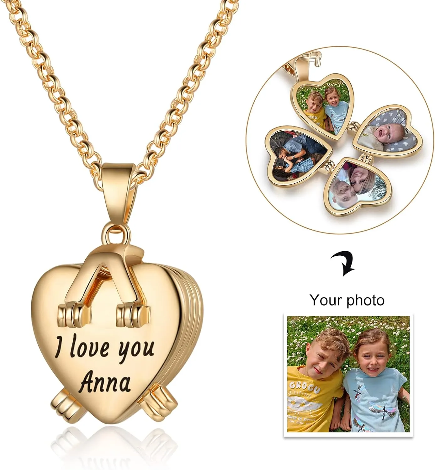 Jewelstruck Updated Personalized Heart Locket Necklace, Gold Locket with Picture Custom for Women Mom Daughter Lucky Four Leaf Pendant Charms Vintage Gifts for Mom Wife Her Birthday Christmas