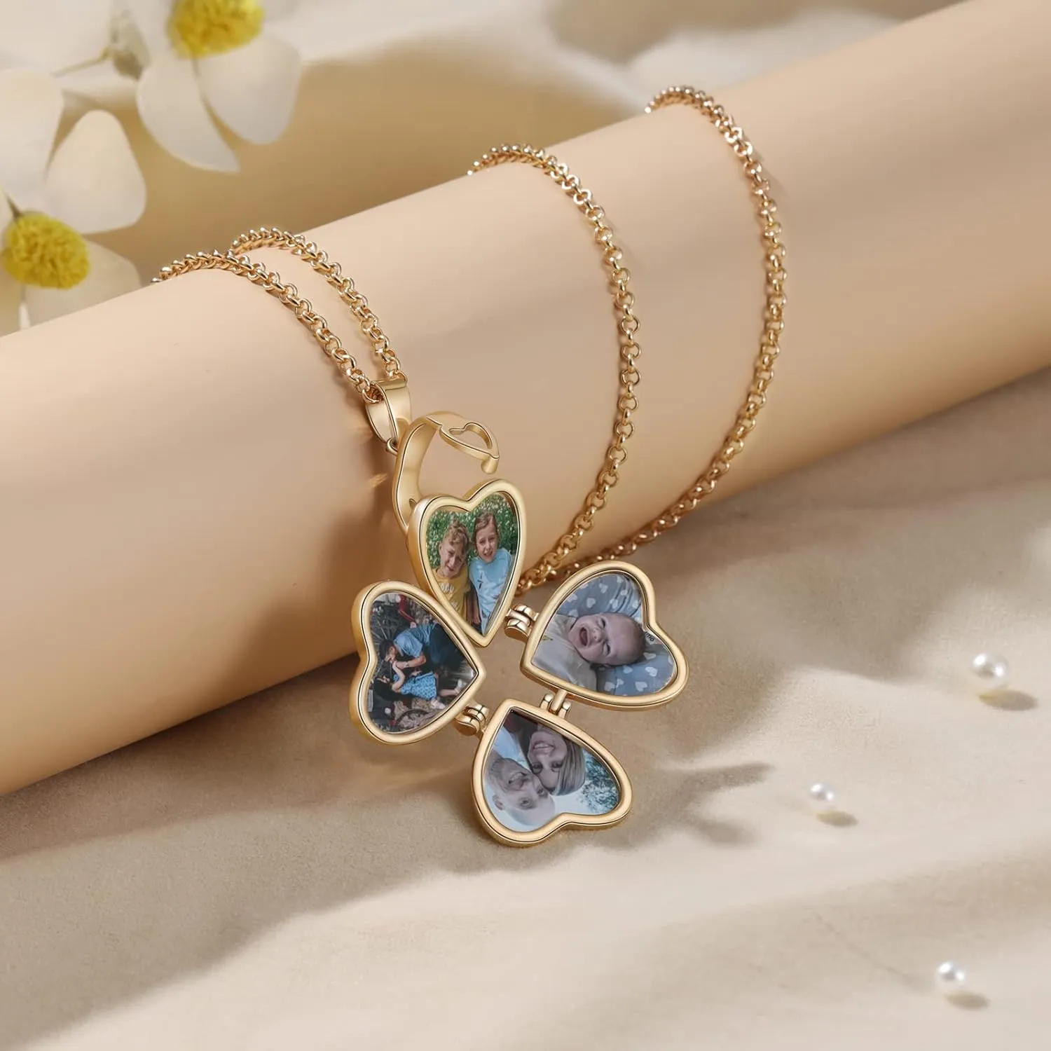 Jewelstruck Updated Personalized Heart Locket Necklace, Gold Locket with Picture Custom for Women Mom Daughter Lucky Four Leaf Pendant Charms Vintage Gifts for Mom Wife Her Birthday Christmas
