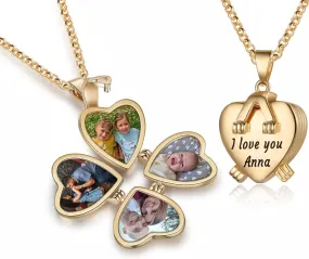 Jewelstruck Updated Personalized Heart Locket Necklace, Gold Locket with Picture Custom for Women Mom Daughter Lucky Four Leaf Pendant Charms Vintage Gifts for Mom Wife Her Birthday Christmas