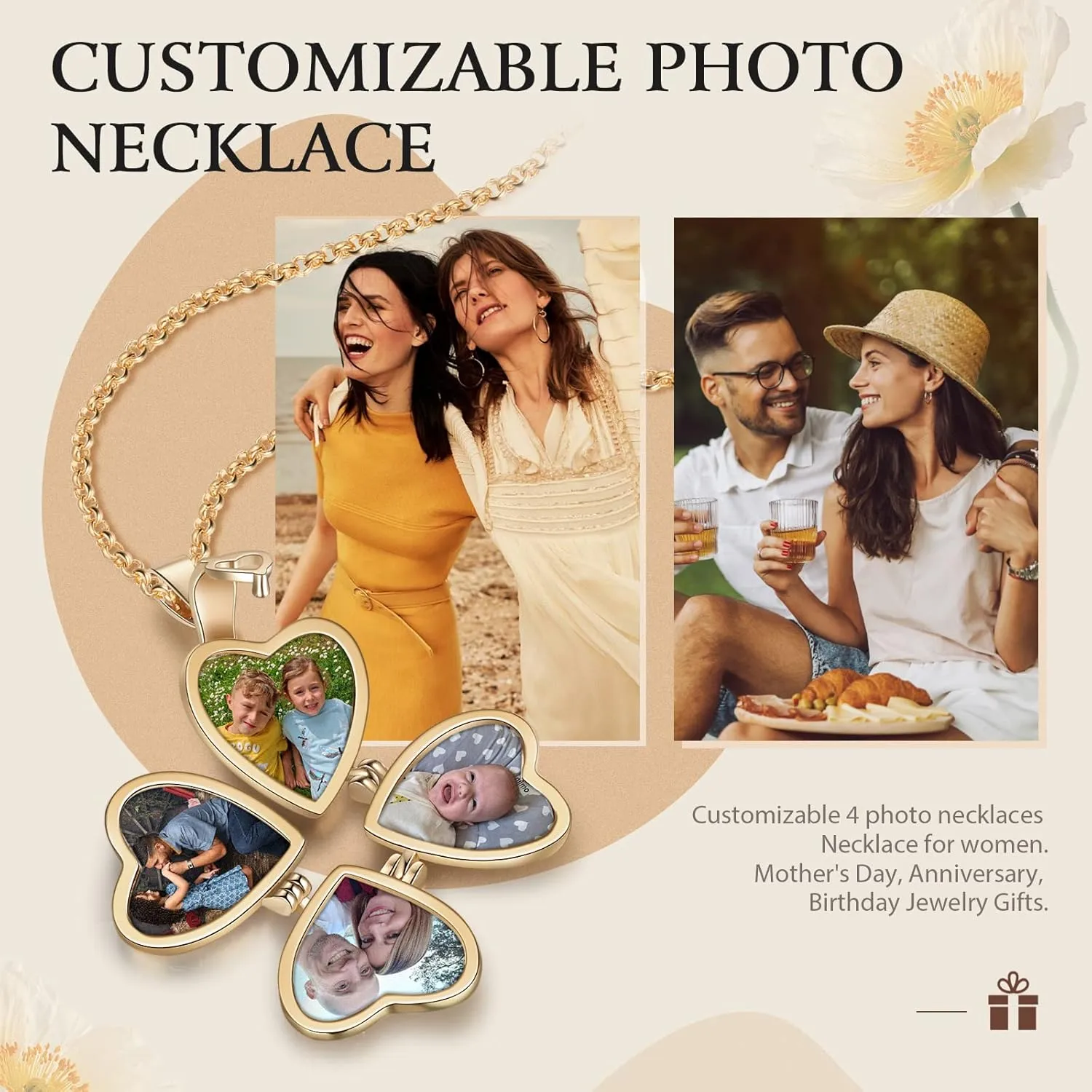Jewelstruck Updated Personalized Heart Locket Necklace, Gold Locket with Picture Custom for Women Mom Daughter Lucky Four Leaf Pendant Charms Vintage Gifts for Mom Wife Her Birthday Christmas