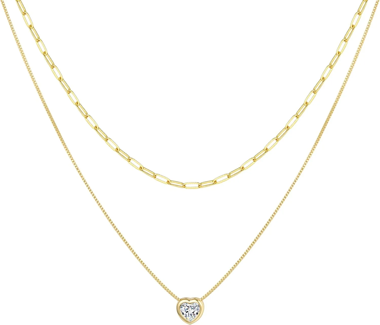 Jewlpire 14K Plated Gold Layered Necklaces for Women, Dainty Gold Herringbone Necklace with Paperclip Chain