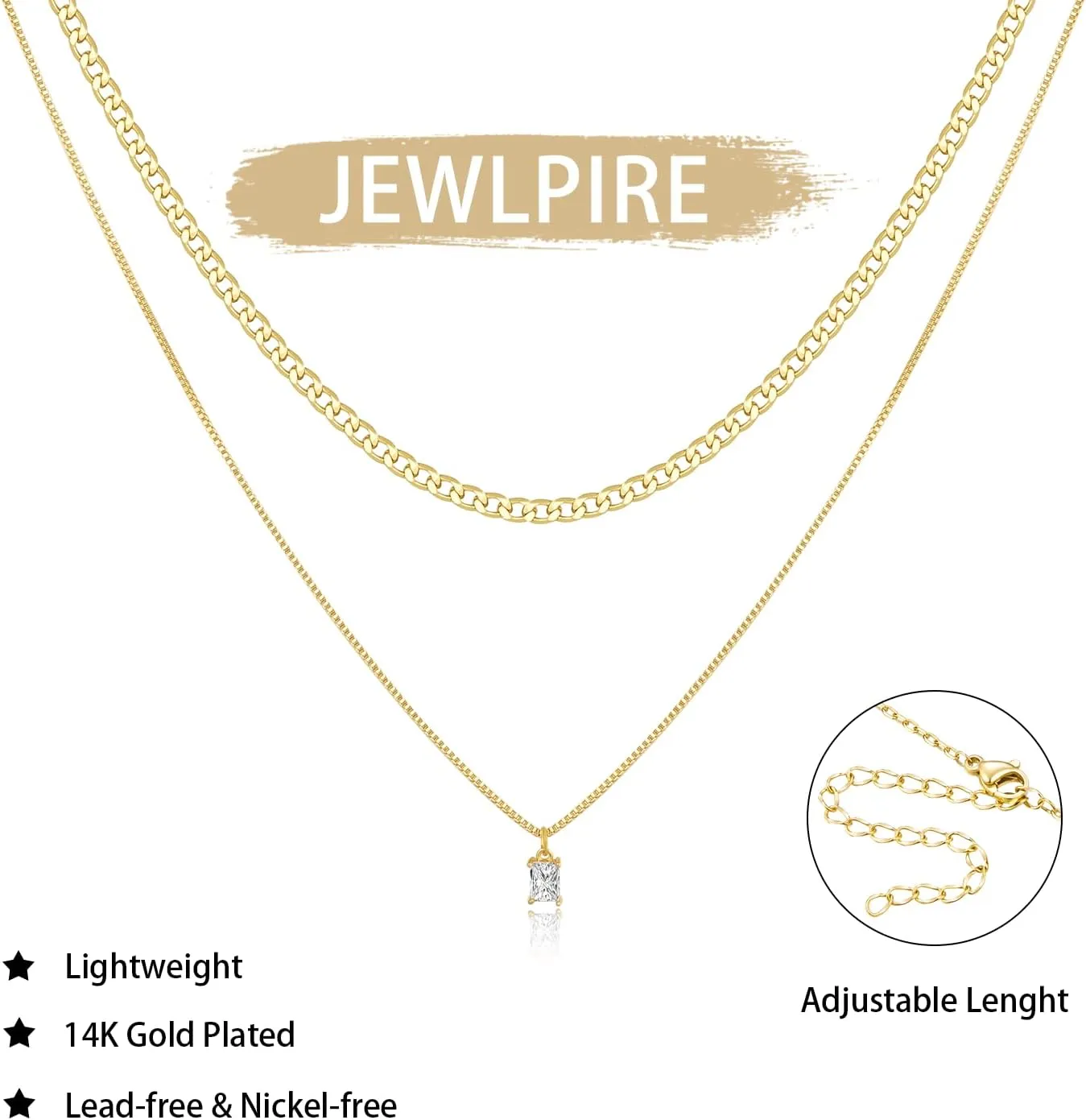 Jewlpire 14K Plated Gold Layered Necklaces for Women, Dainty Gold Herringbone Necklace with Paperclip Chain