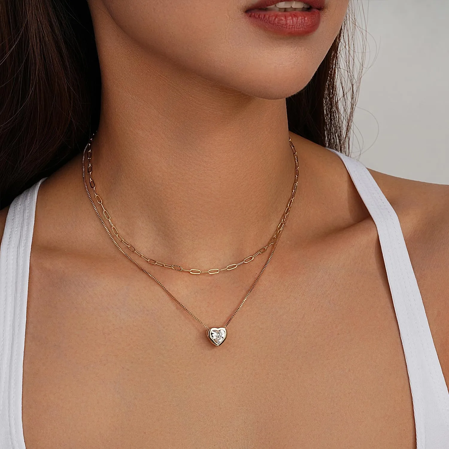 Jewlpire 14K Plated Gold Layered Necklaces for Women, Dainty Gold Herringbone Necklace with Paperclip Chain