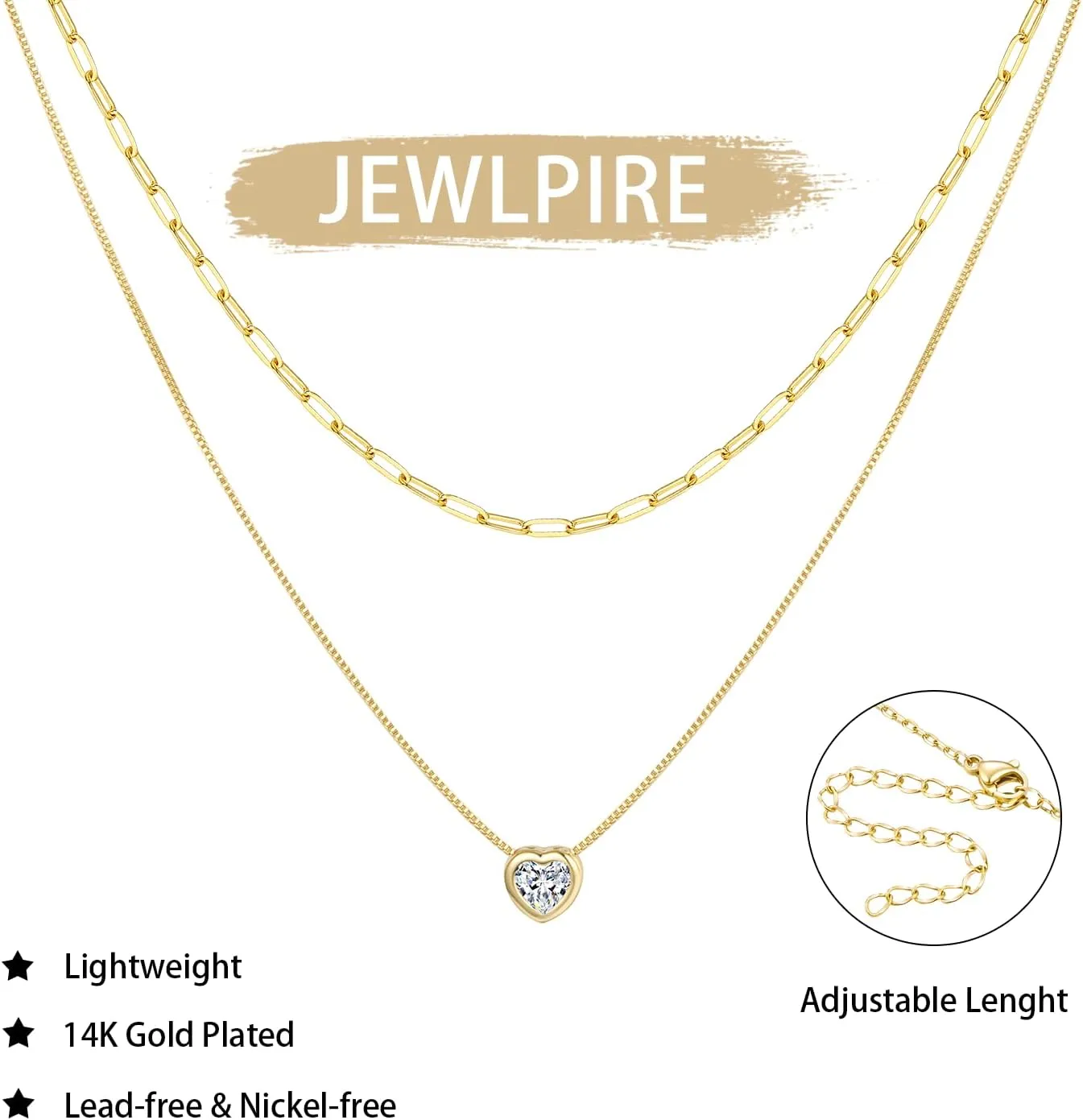 Jewlpire 14K Plated Gold Layered Necklaces for Women, Dainty Gold Herringbone Necklace with Paperclip Chain