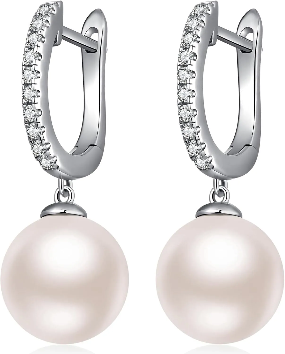 Jiamiao Sterling Silver Pearl Drop Earrings - 10mm Black/Pearl and Diamond Dangle Leverback Earrings for Women
