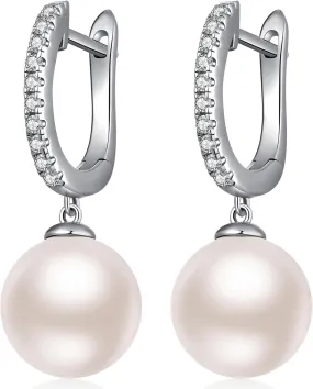 Jiamiao Sterling Silver Pearl Drop Earrings - 10mm Black/Pearl and Diamond Dangle Leverback Earrings for Women