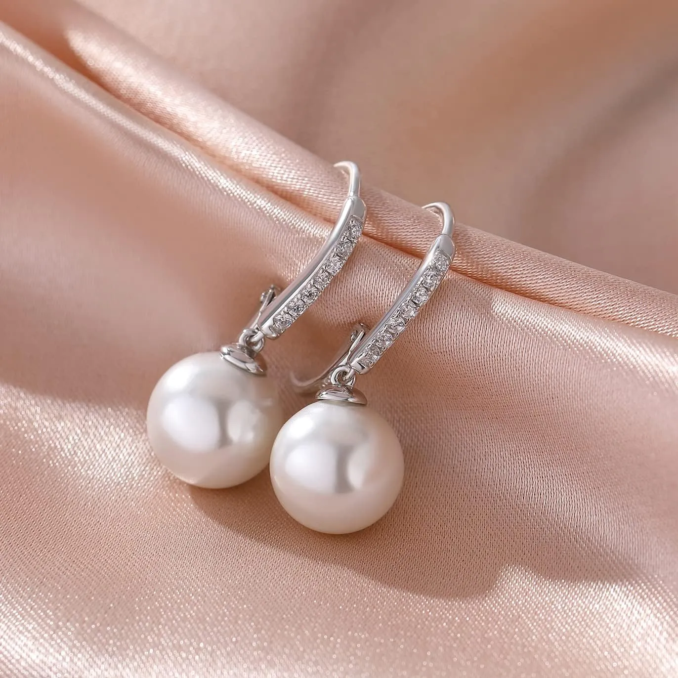 Jiamiao Sterling Silver Pearl Drop Earrings - 10mm Black/Pearl and Diamond Dangle Leverback Earrings for Women