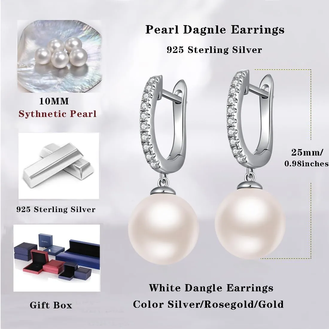 Jiamiao Sterling Silver Pearl Drop Earrings - 10mm Black/Pearl and Diamond Dangle Leverback Earrings for Women
