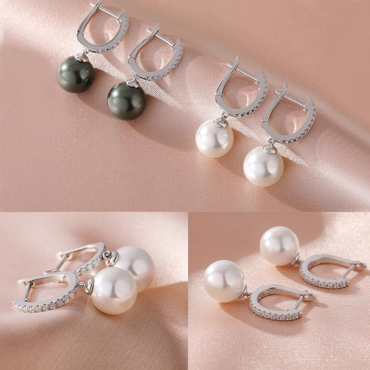 Jiamiao Sterling Silver Pearl Drop Earrings - 10mm Black/Pearl and Diamond Dangle Leverback Earrings for Women