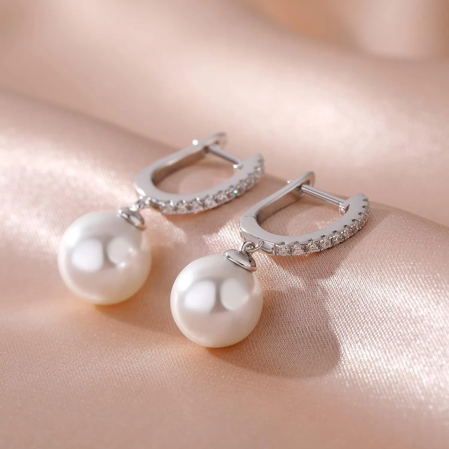 Jiamiao Sterling Silver Pearl Drop Earrings - 10mm Black/Pearl and Diamond Dangle Leverback Earrings for Women