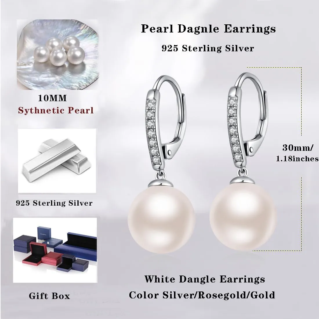 Jiamiao Sterling Silver Pearl Drop Earrings - 10mm Black/Pearl and Diamond Dangle Leverback Earrings for Women