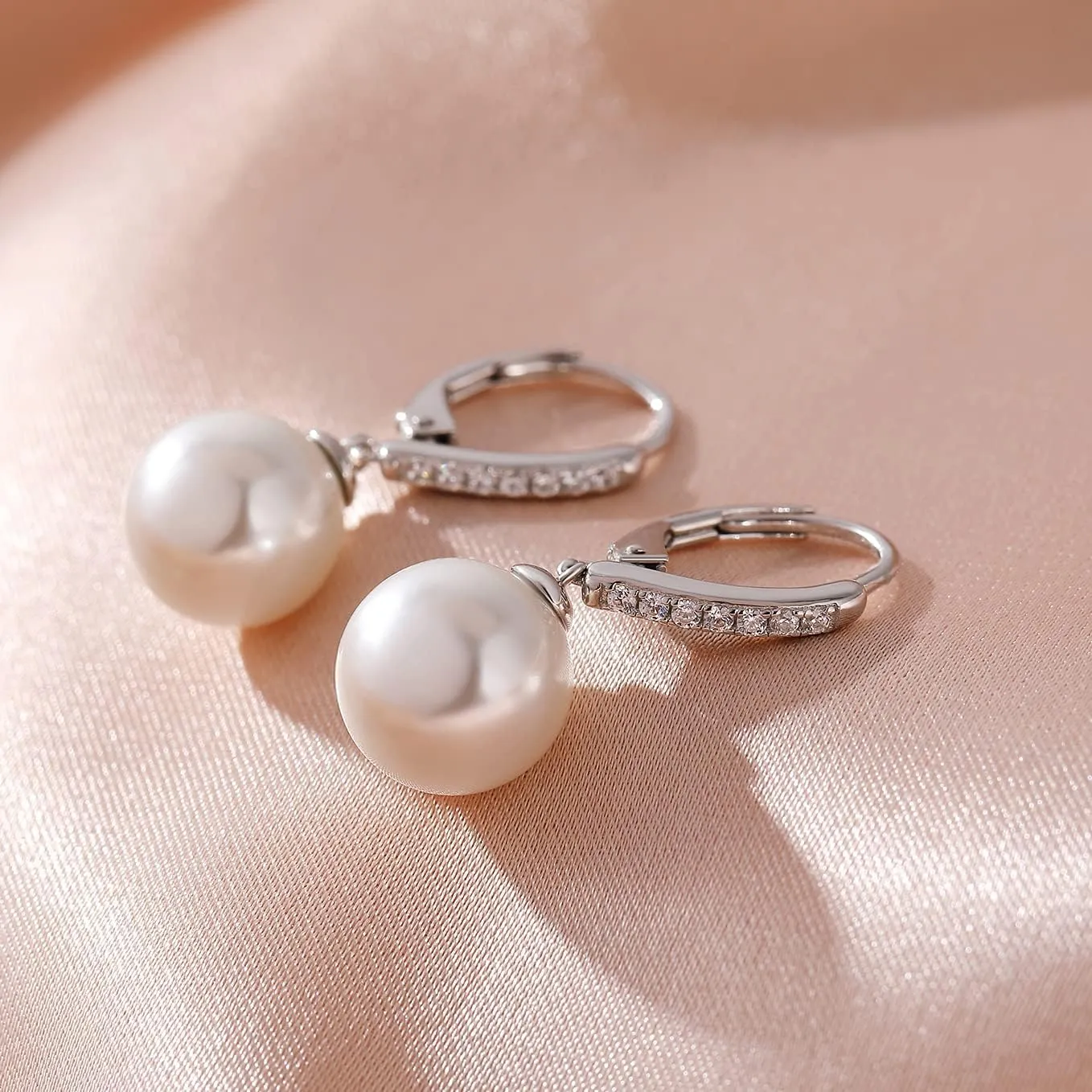 Jiamiao Sterling Silver Pearl Drop Earrings - 10mm Black/Pearl and Diamond Dangle Leverback Earrings for Women