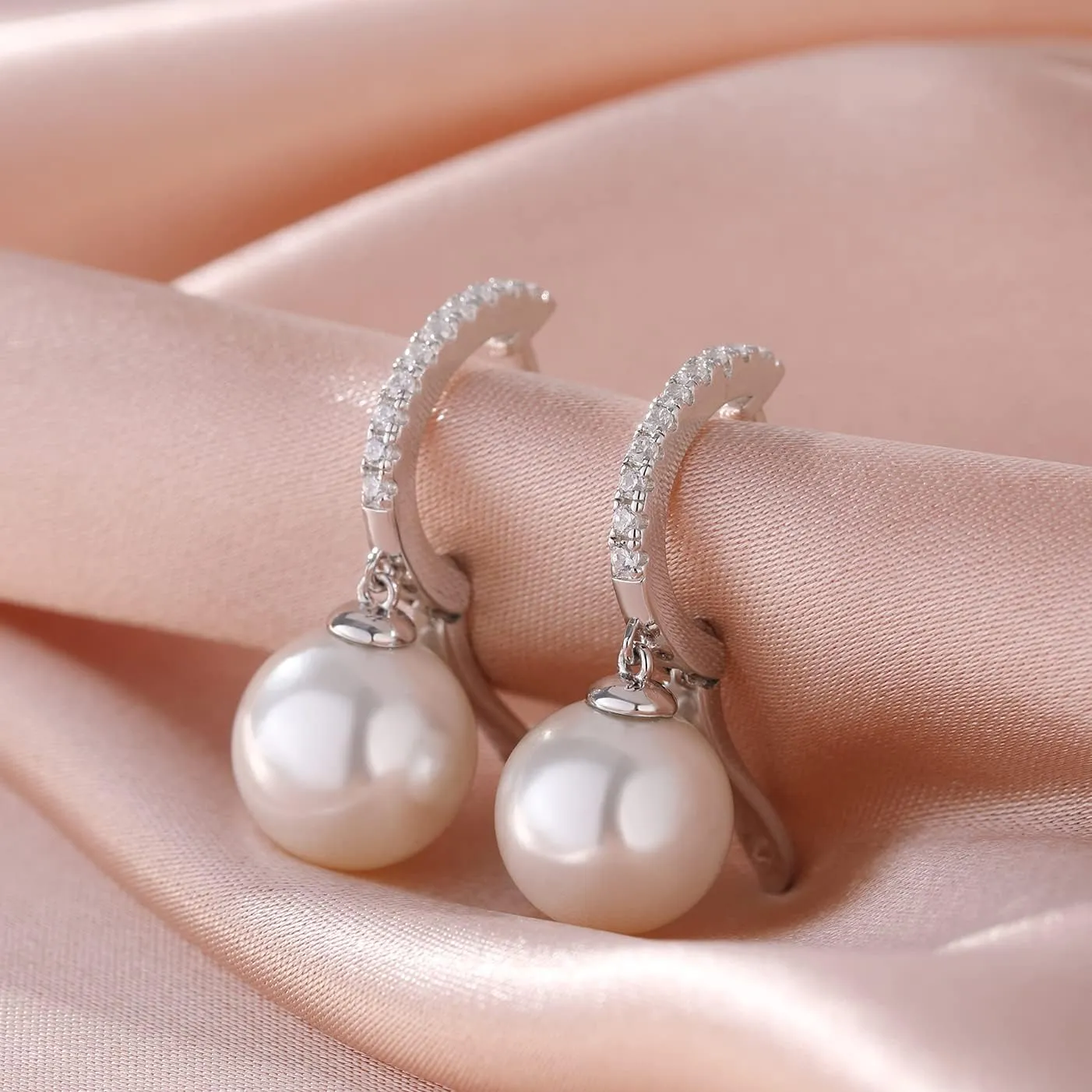 Jiamiao Sterling Silver Pearl Drop Earrings - 10mm Black/Pearl and Diamond Dangle Leverback Earrings for Women