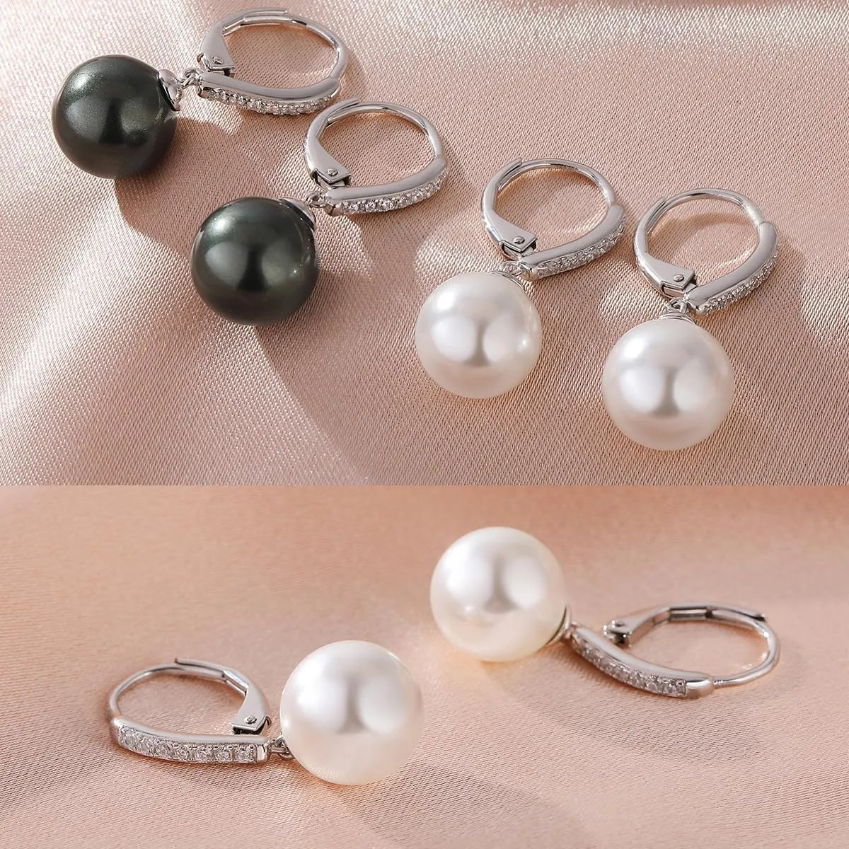 Jiamiao Sterling Silver Pearl Drop Earrings - 10mm Black/Pearl and Diamond Dangle Leverback Earrings for Women