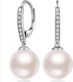 Jiamiao Sterling Silver Pearl Drop Earrings - 10mm Black/Pearl and Diamond Dangle Leverback Earrings for Women