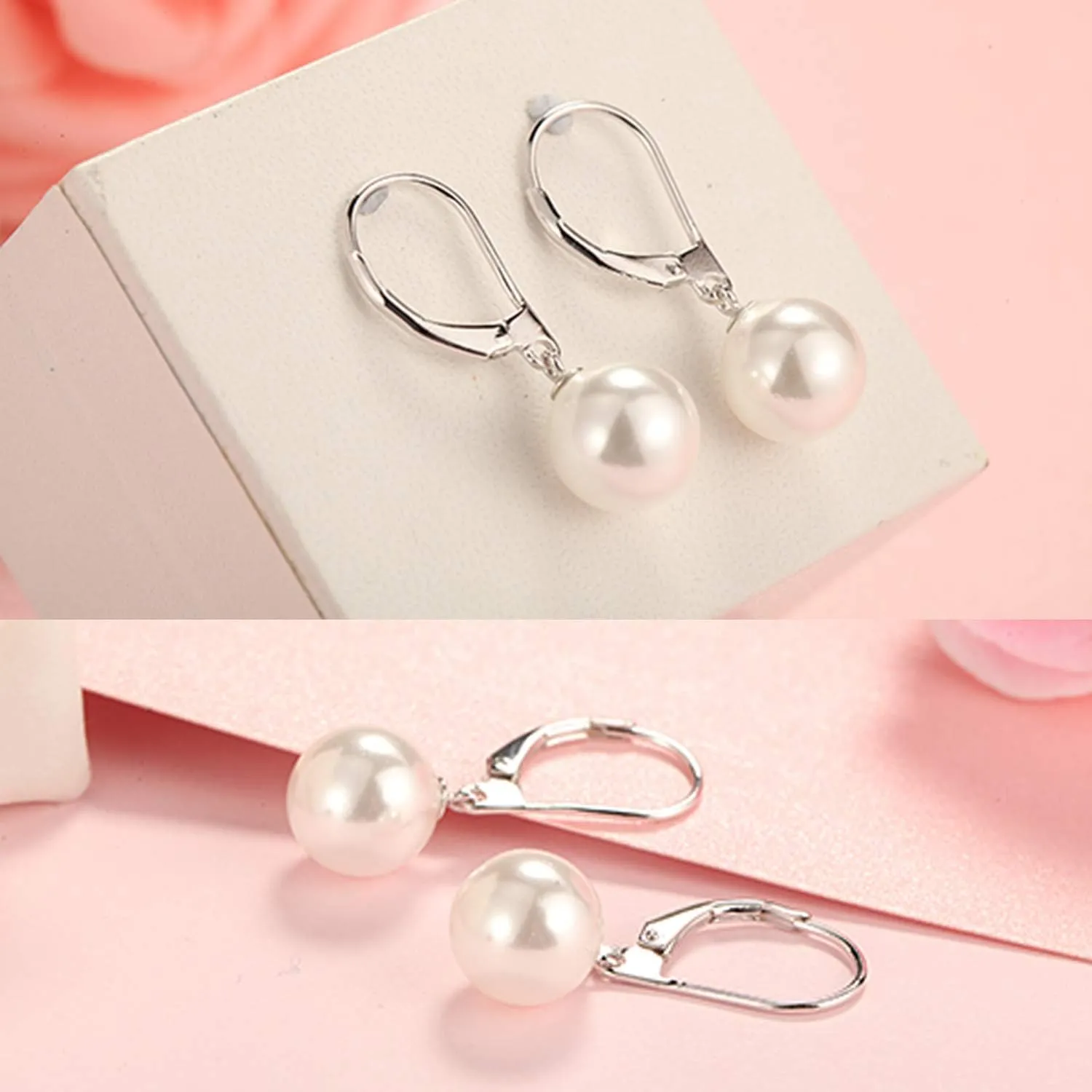 Jiamiaoi Pearl Diamond Earrings for Women Dangle Drop Earrings 925 Sterling Silver Pearl Lever Back Drop Earrings Pearl Silver Earrings for Women Come with Gift Box