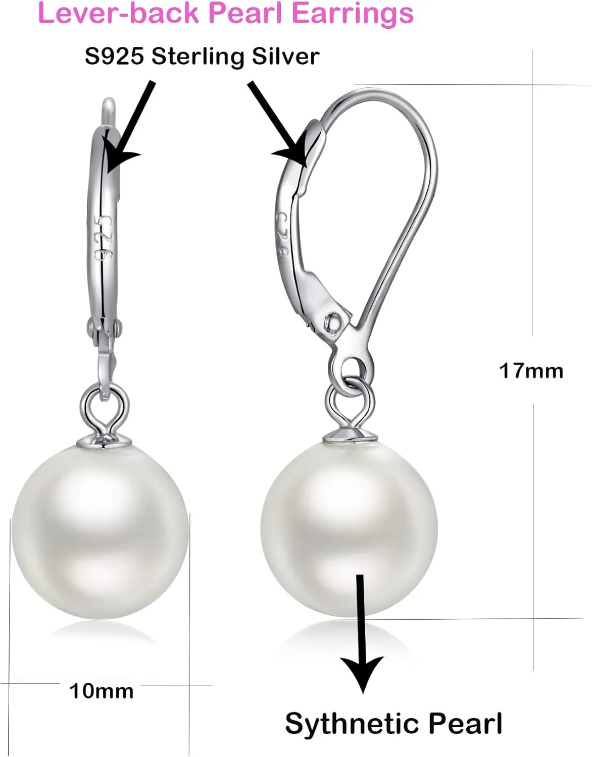 Jiamiaoi Pearl Diamond Earrings for Women Dangle Drop Earrings 925 Sterling Silver Pearl Lever Back Drop Earrings Pearl Silver Earrings for Women Come with Gift Box