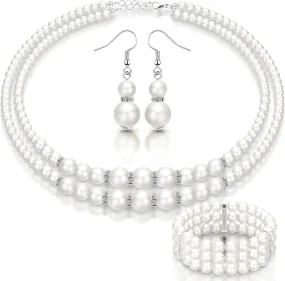 Junkin Fake Pearls Necklace Earrings Bracelet Set for Women 1920s Simulated Faux Pearls Accessories Vintage Jewelry for Valentine's Day Wedding Costume