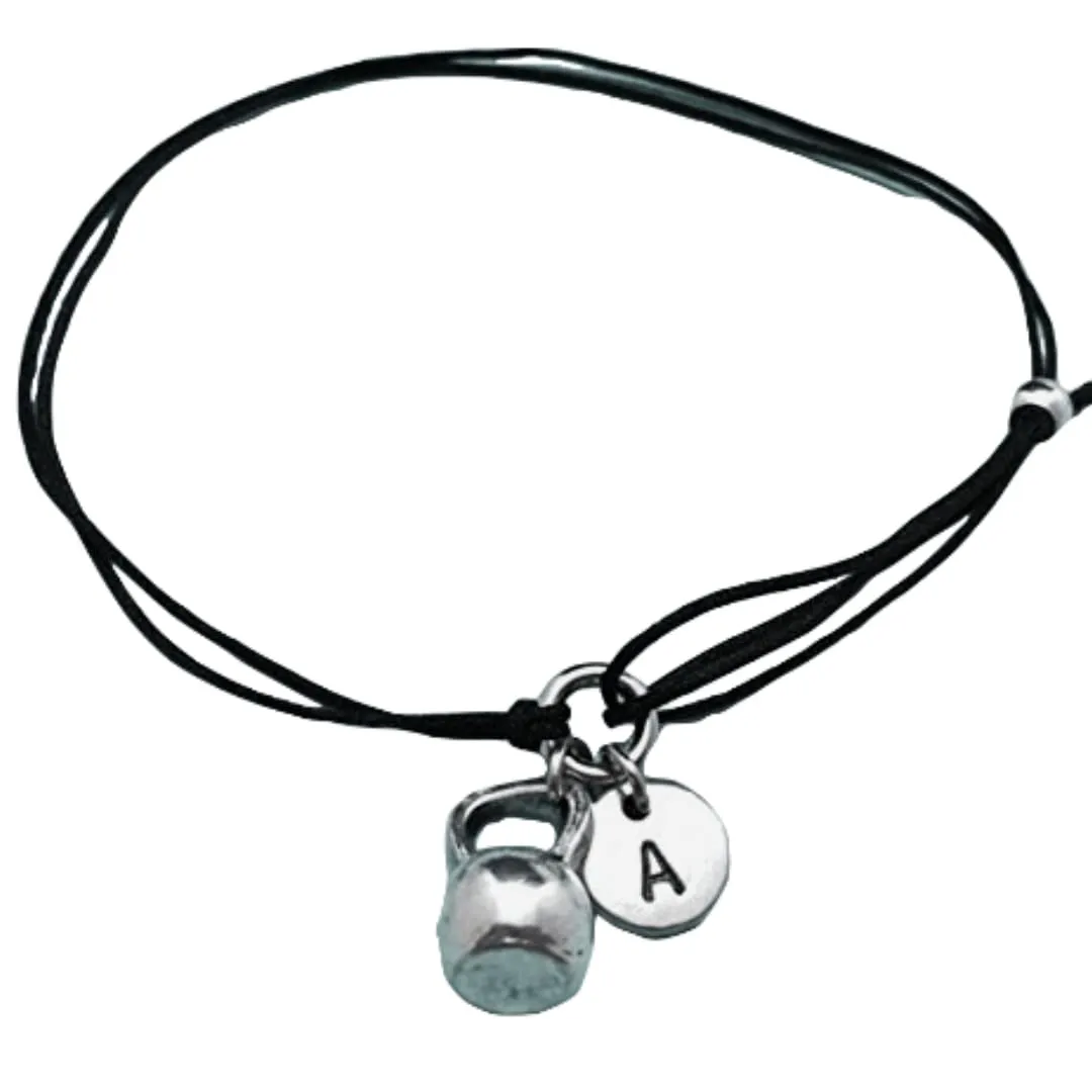 Kettlebell cord bracelet, kettlebell charm bracelet, adjustable bracelet, charm bracelet, personalized bracelet, initial, monogram