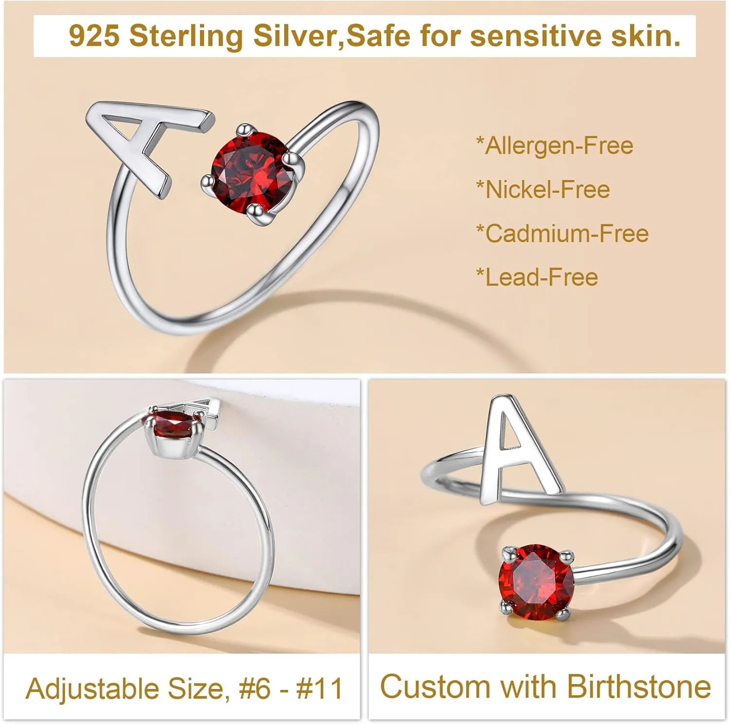 KeyStyle Silver Initial Rings for Women, Adjustable Crystal Letter Stacking Rings, 925 Sterling Silver Custom Birthstone Stackable Captial Name Gifts for Her