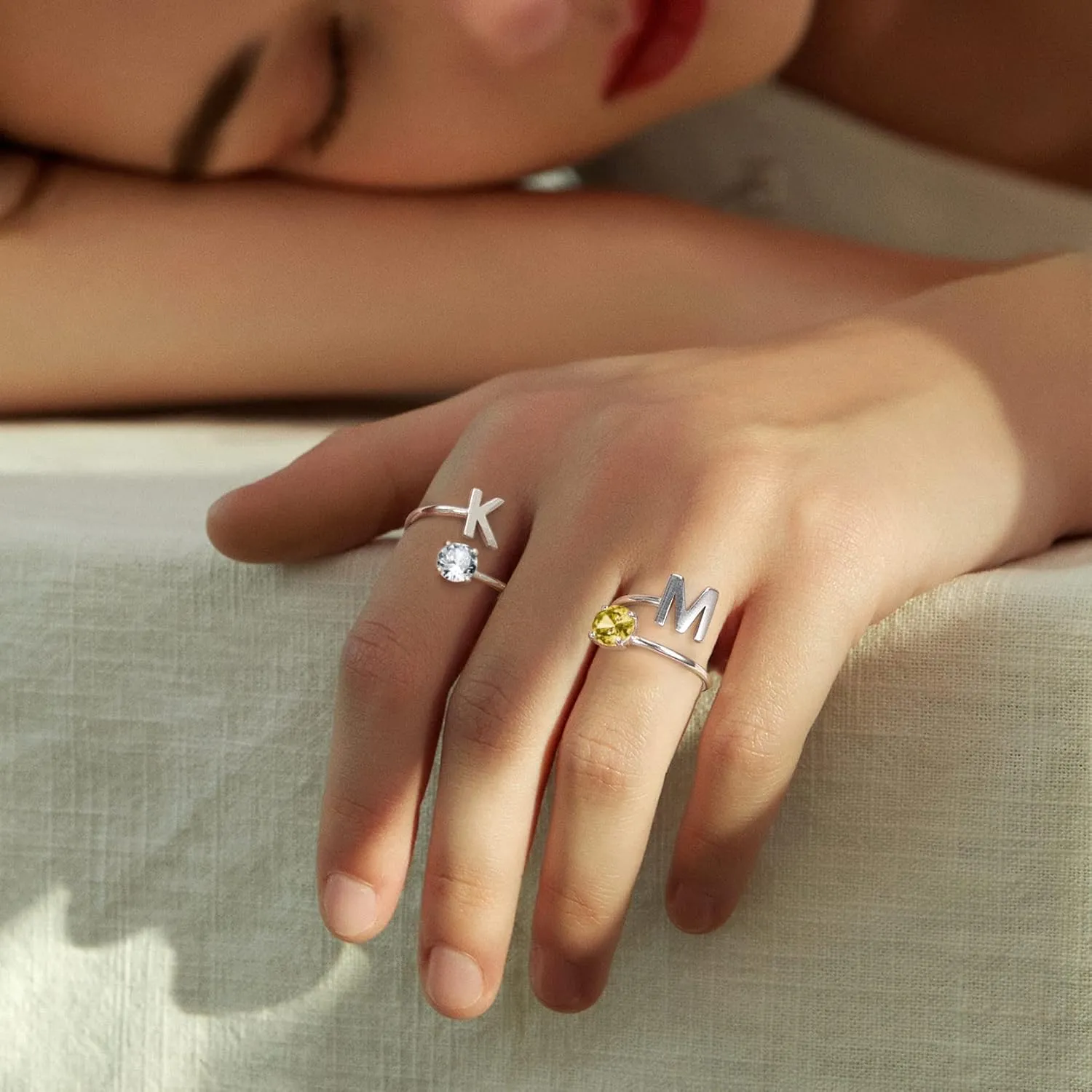 KeyStyle Silver Initial Rings for Women, Adjustable Crystal Letter Stacking Rings, 925 Sterling Silver Custom Birthstone Stackable Captial Name Gifts for Her