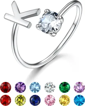 KeyStyle Silver Initial Rings for Women, Adjustable Crystal Letter Stacking Rings, 925 Sterling Silver Custom Birthstone Stackable Captial Name Gifts for Her