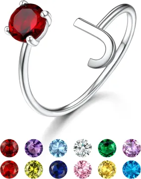 KeyStyle Silver Initial Rings for Women, Adjustable Crystal Letter Stacking Rings, 925 Sterling Silver Custom Birthstone Stackable Captial Name Gifts for Her