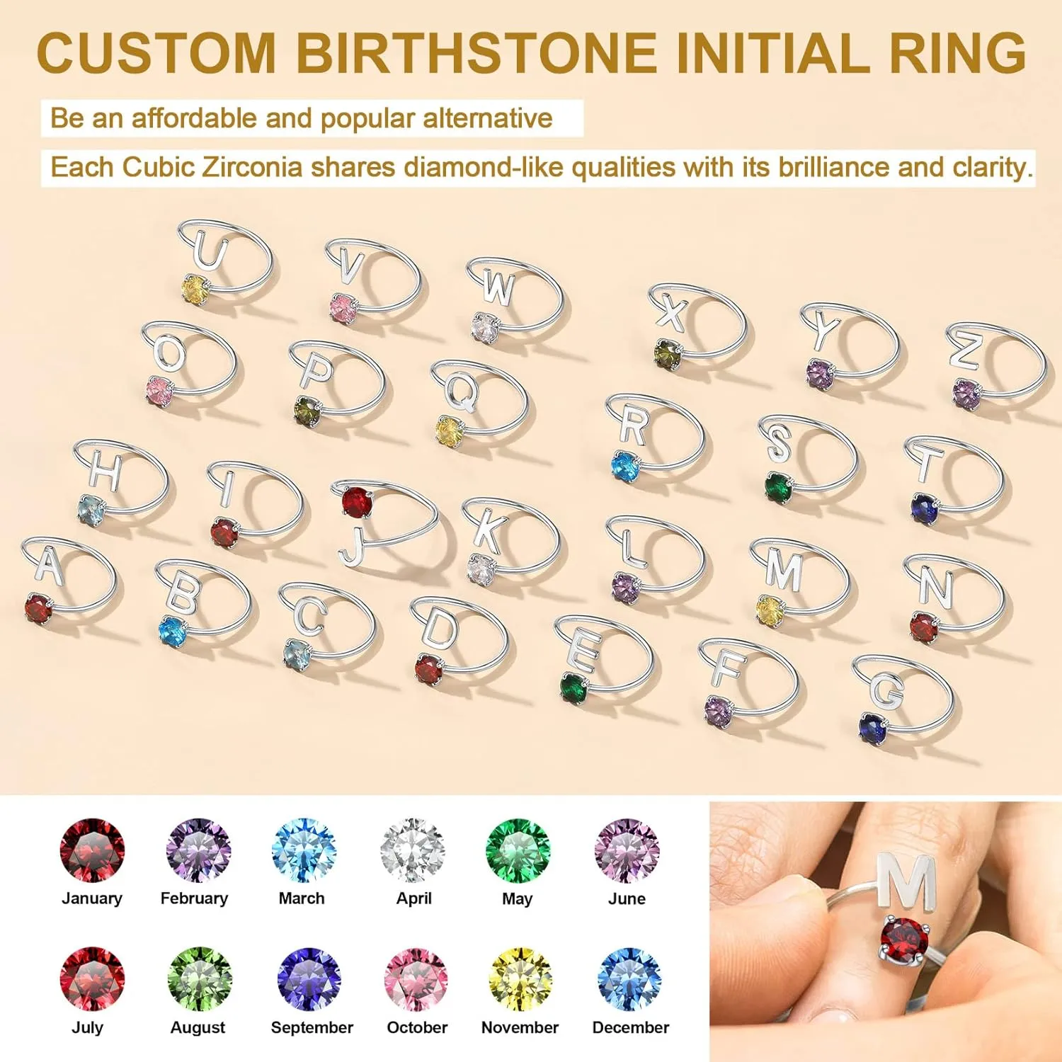 KeyStyle Silver Initial Rings for Women, Adjustable Crystal Letter Stacking Rings, 925 Sterling Silver Custom Birthstone Stackable Captial Name Gifts for Her
