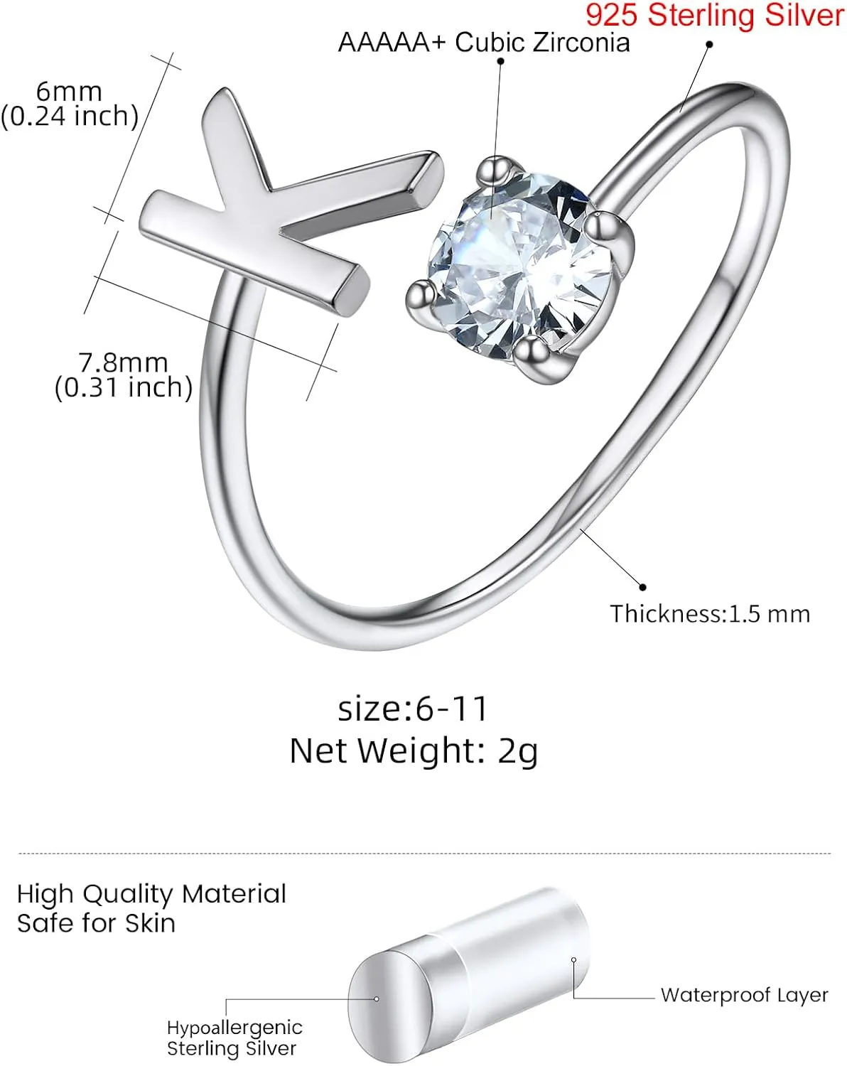 KeyStyle Silver Initial Rings for Women, Adjustable Crystal Letter Stacking Rings, 925 Sterling Silver Custom Birthstone Stackable Captial Name Gifts for Her