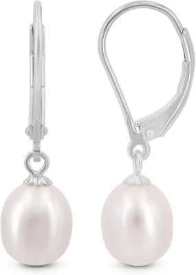 KEZEF Freshwater Pearl Drop Earrings, 14K Gold Plated Sterling Silver, 7-8mm Silver Dangle Earring for Women, Leverback, Hypoallergenic Bridal Pearl Earrings for Women dangling jewelry bridesmaid