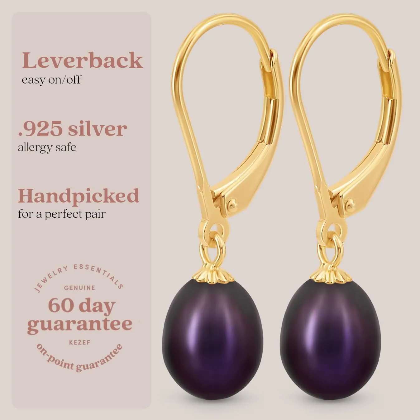 KEZEF Freshwater Pearl Drop Earrings, 14K Gold Plated Sterling Silver, 7-8mm Silver Dangle Earring for Women, Leverback, Hypoallergenic Bridal Pearl Earrings for Women dangling jewelry bridesmaid