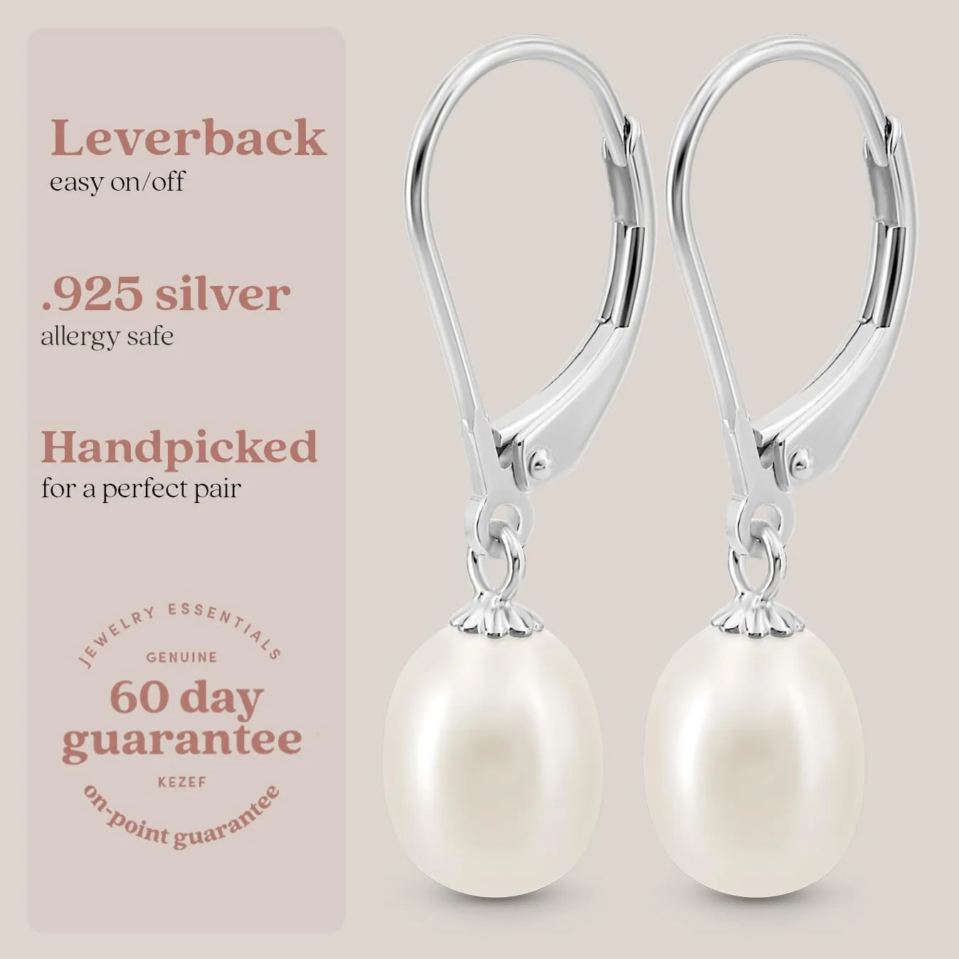 KEZEF Freshwater Pearl Drop Earrings, 14K Gold Plated Sterling Silver, 7-8mm Silver Dangle Earring for Women, Leverback, Hypoallergenic Bridal Pearl Earrings for Women dangling jewelry bridesmaid