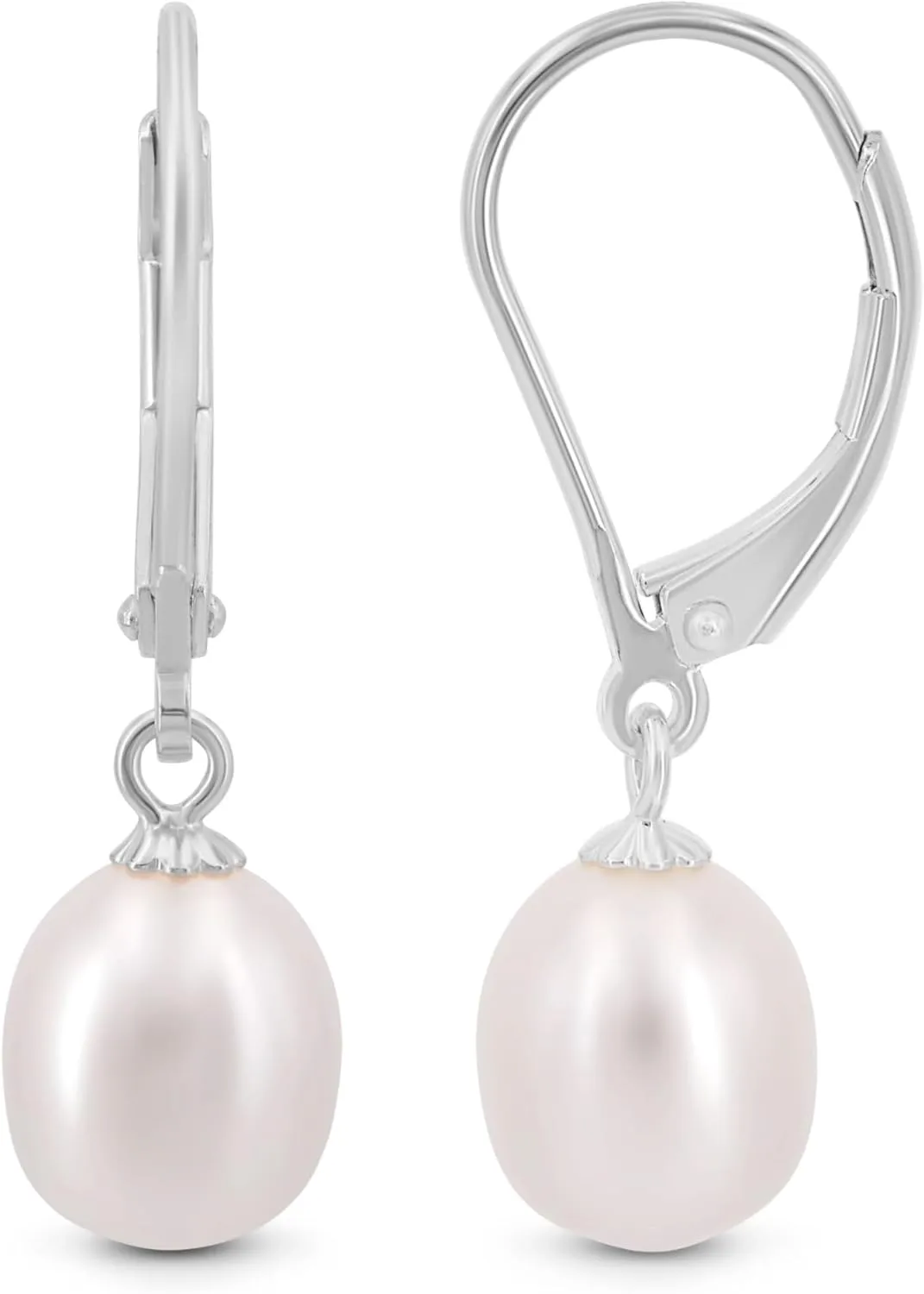 KEZEF Freshwater Pearl Drop Earrings, 14K Gold Plated Sterling Silver, 7-8mm Silver Dangle Earring for Women, Leverback, Hypoallergenic Bridal Pearl Earrings for Women dangling jewelry bridesmaid