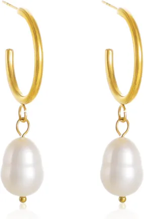 KOMI Natural Pearl Women's Earrings Fashion 18K Gold Plated Huggie Hoop Freshwater Pearl Pendant Earrings Wedding Gold Earrings Jewelry Gifts Bohemian Shell Pearl Pendant