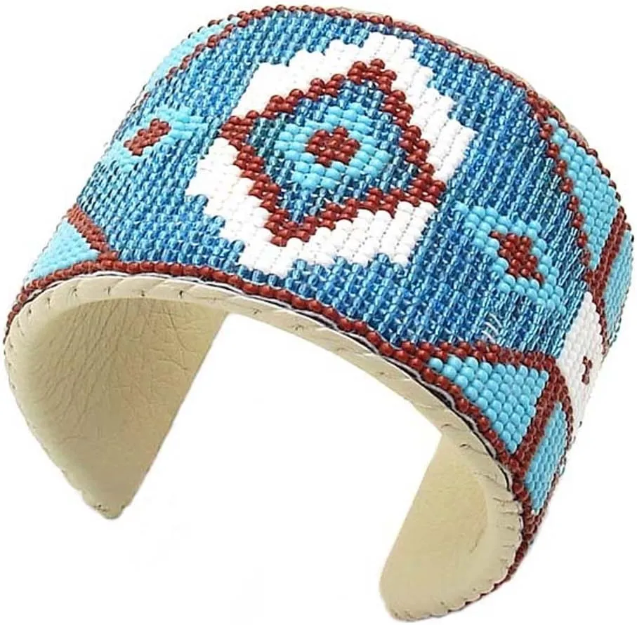 LA viva Handmade Beaded Bracelet, Indian Fashion Jewelry Cuff Bracelet, Seed Beads Turquoise Blue Brown Unisex Leather Bracelet, Cowboy Western. B41/4