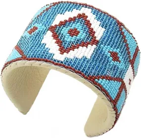 LA viva Handmade Beaded Bracelet, Indian Fashion Jewelry Cuff Bracelet, Seed Beads Turquoise Blue Brown Unisex Leather Bracelet, Cowboy Western. B41/4