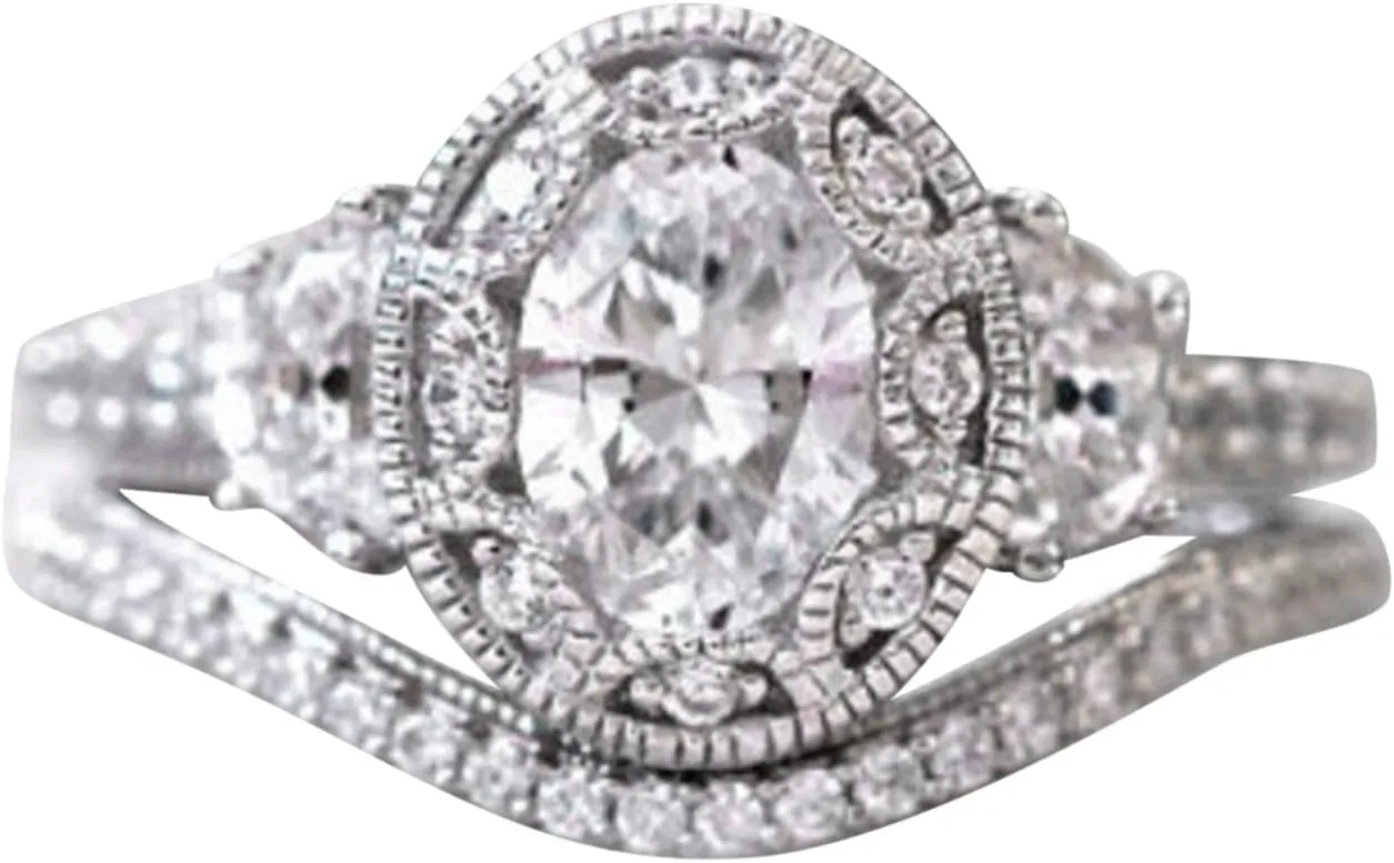 Lady 2Pcs Rhinestone Rings Set for Lady Inlaid Zircon Engagement Rings CZ Simulating Diamond Proposal Rings (Silver, 6)