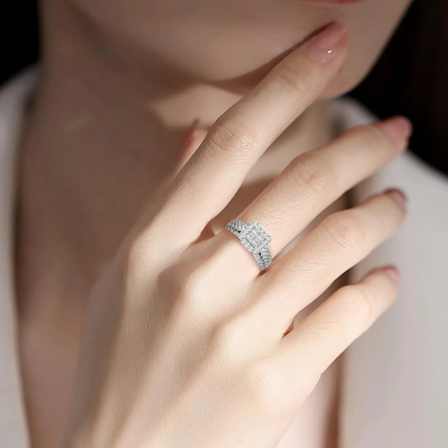 Lady 2Pcs Square Cut Zircon Rings Set for Womens CZ Simulating Diamond Engagement Rings Elegant Jewelry (Silver, 7)