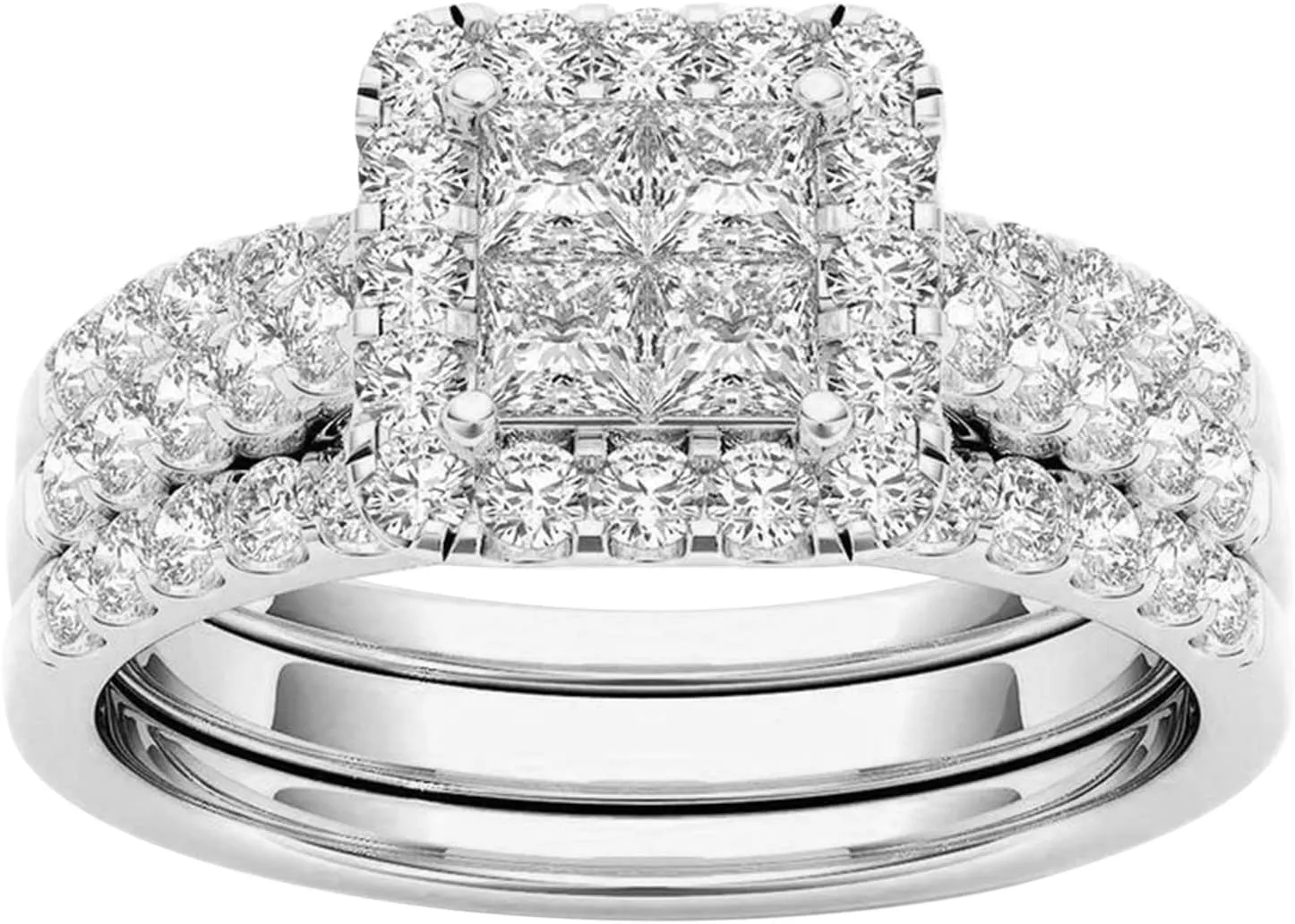 Lady 2Pcs Square Cut Zircon Rings Set for Womens CZ Simulating Diamond Engagement Rings Elegant Jewelry (Silver, 7)