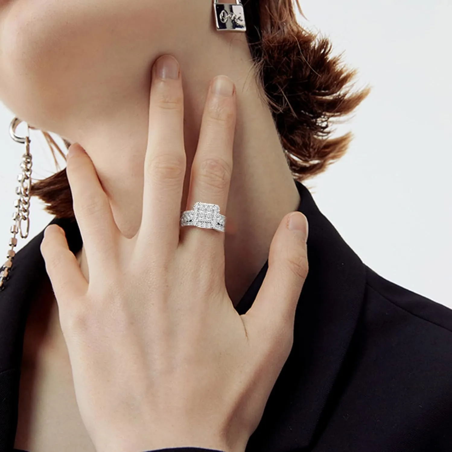 Lady 2Pcs Square Cut Zircon Rings Set for Womens CZ Simulating Diamond Engagement Rings Elegant Jewelry (Silver, 7)