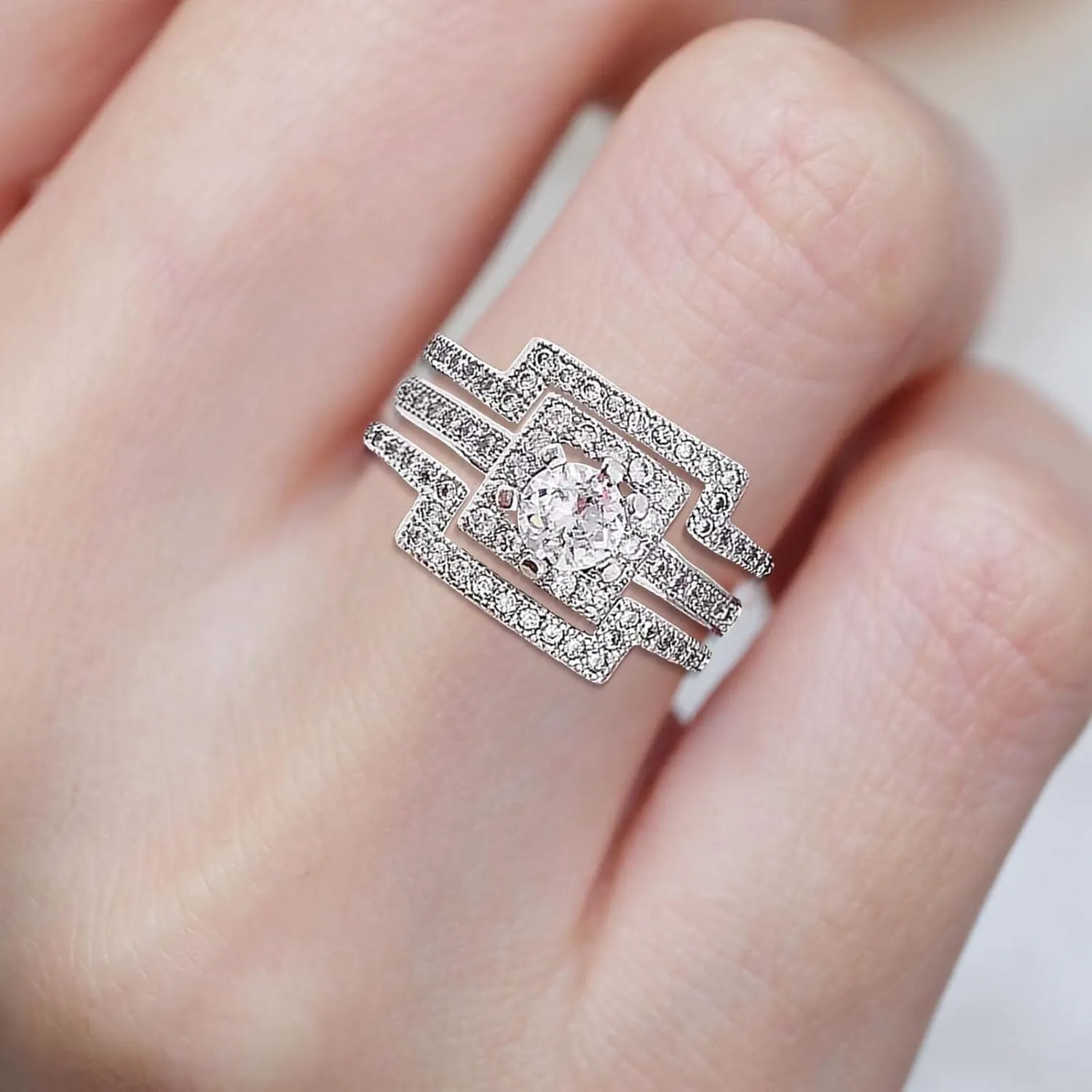 Lady 3Pcs Three in One Rings Set for Lady Square Cut Zircon Engagement Rings CZ Simulating Diamond Wedding Band (Silver, 6)