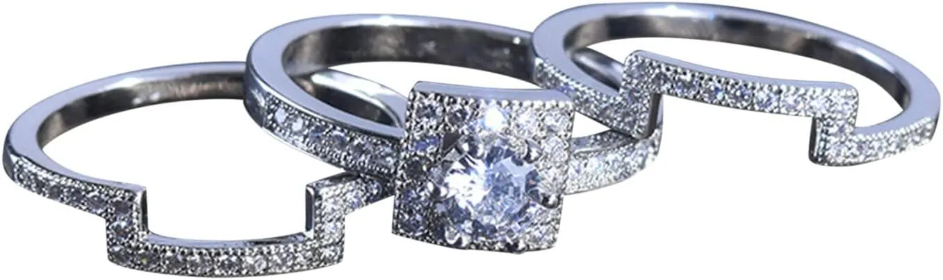 Lady 3Pcs Three in One Rings Set for Lady Square Cut Zircon Engagement Rings CZ Simulating Diamond Wedding Band (Silver, 6)