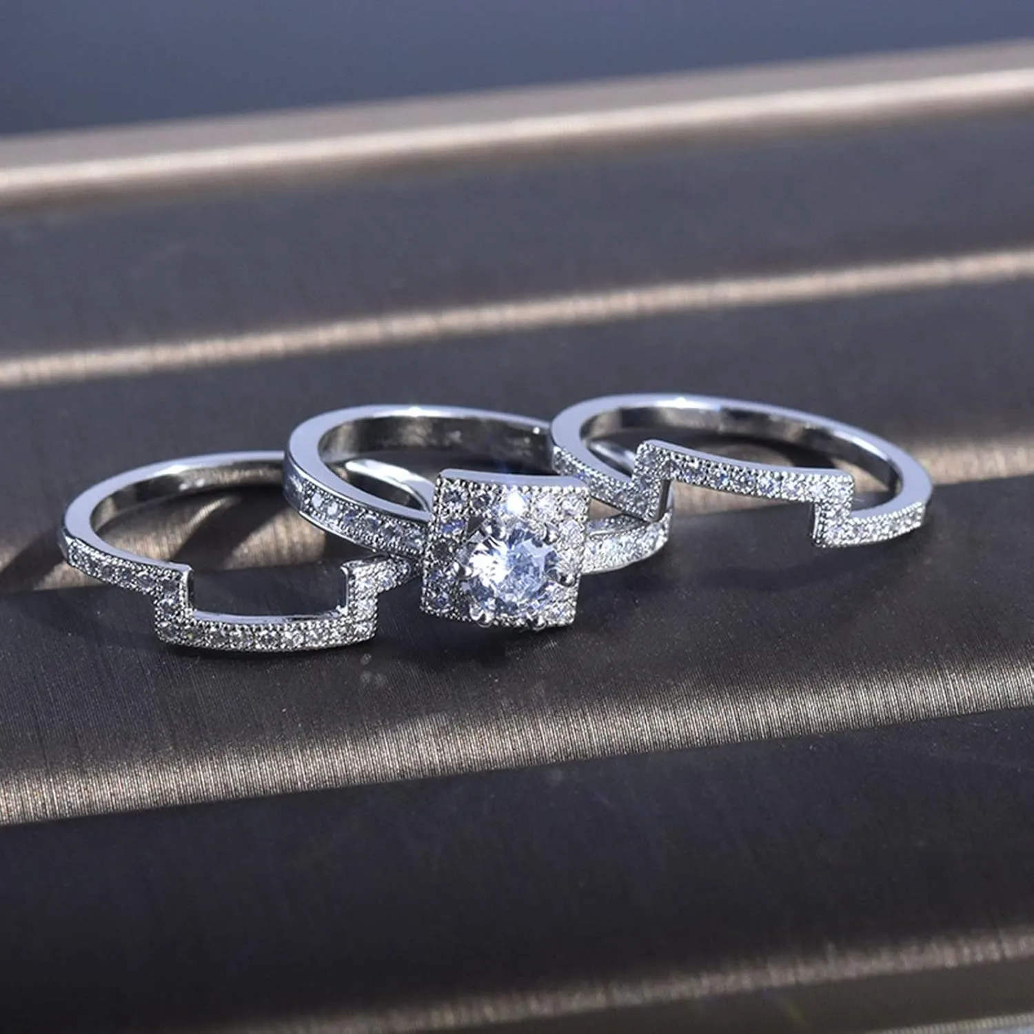 Lady 3Pcs Three in One Rings Set for Lady Square Cut Zircon Engagement Rings CZ Simulating Diamond Wedding Band (Silver, 6)