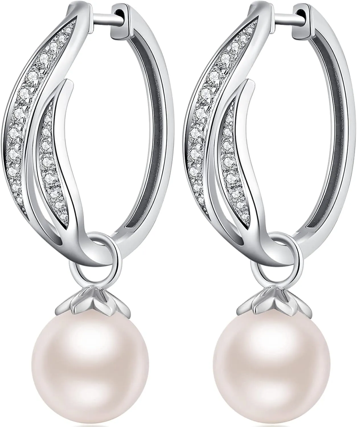 Large Pearl Hoop Earrings for Women 925 Sterling Silver Pearl Dangle Drop Earrings Cubic Zirconia Diamond Pearl Dangling Earrings 10MM