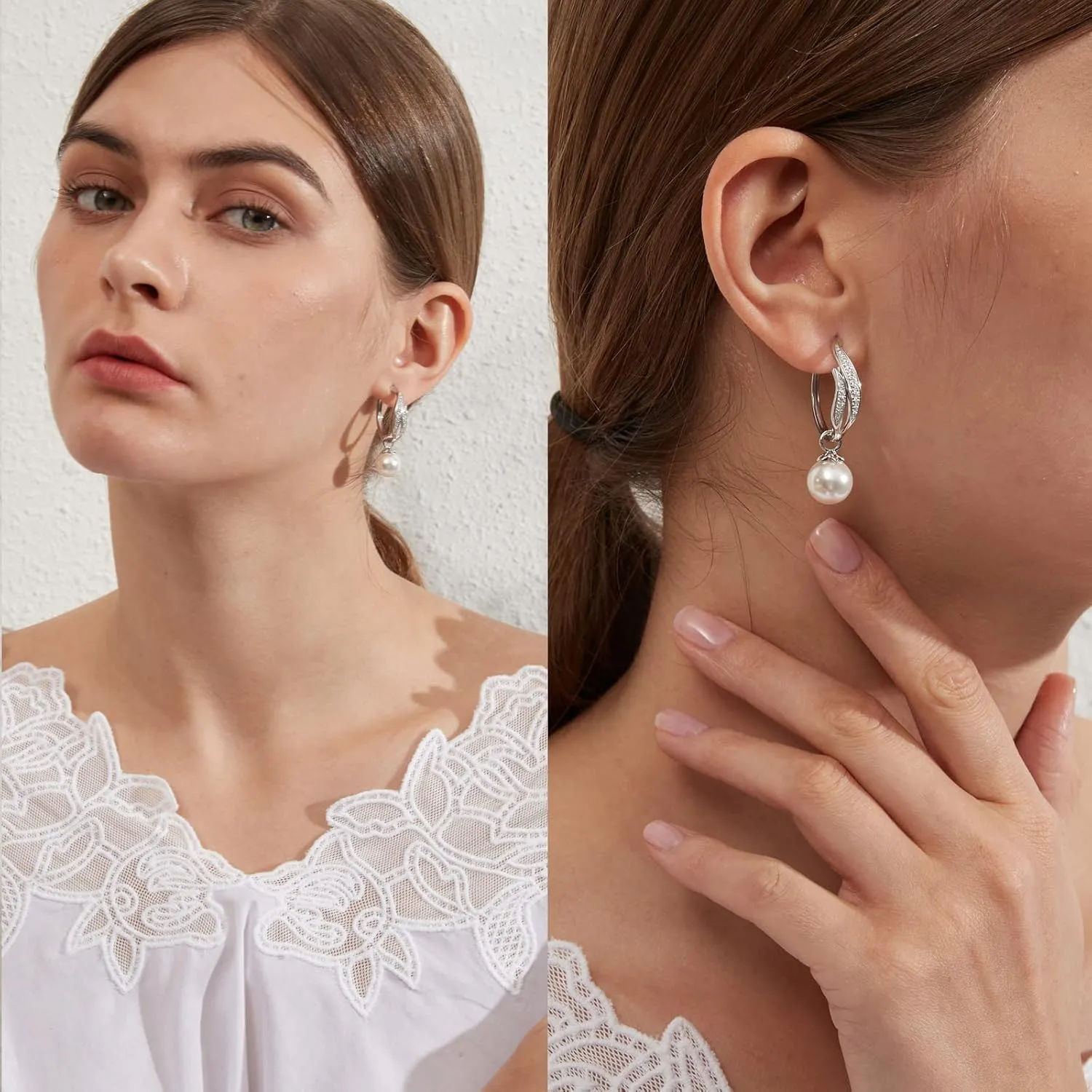 Large Pearl Hoop Earrings for Women 925 Sterling Silver Pearl Dangle Drop Earrings Cubic Zirconia Diamond Pearl Dangling Earrings 10MM