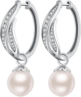 Large Pearl Hoop Earrings for Women 925 Sterling Silver Pearl Dangle Drop Earrings Cubic Zirconia Diamond Pearl Dangling Earrings 10MM