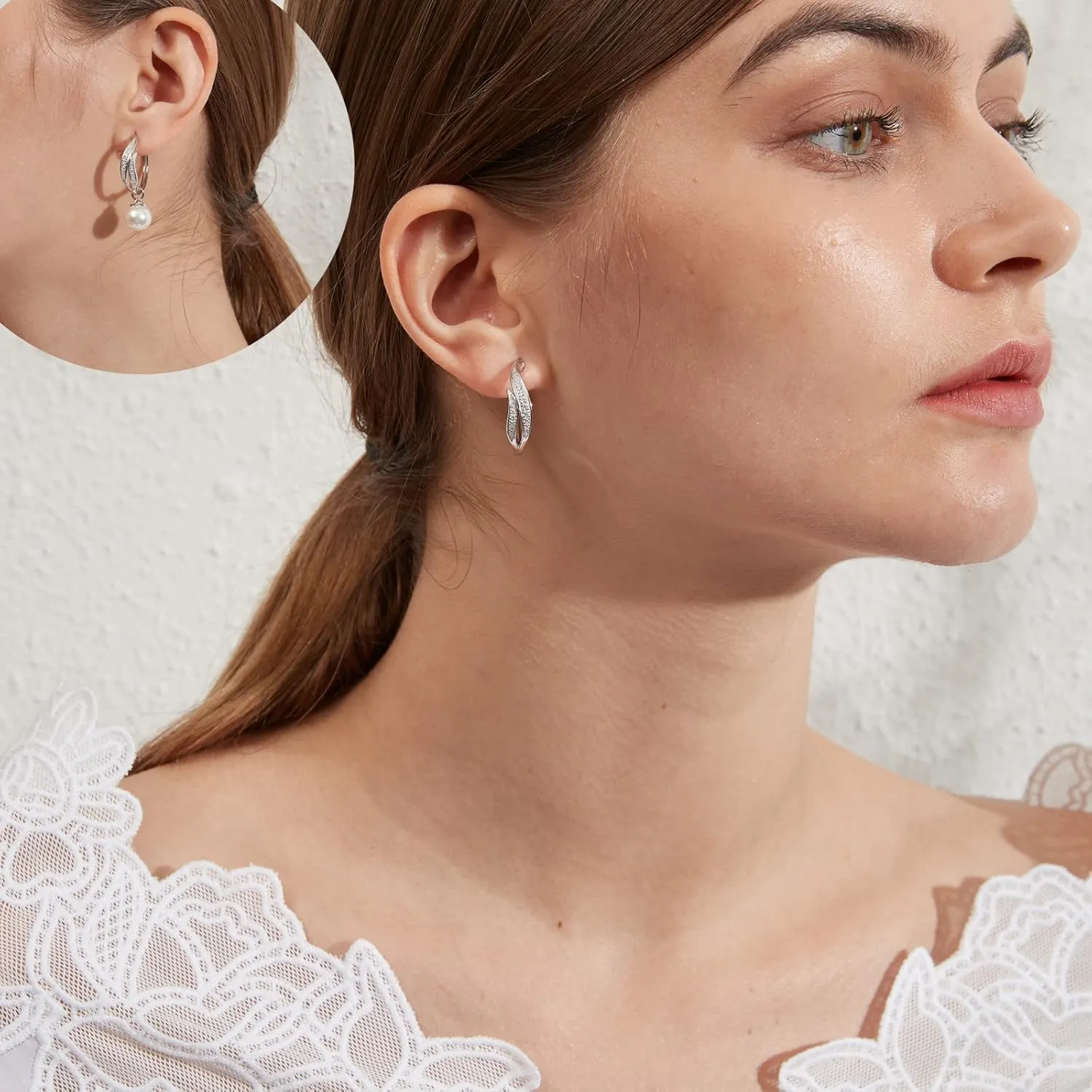 Large Pearl Hoop Earrings for Women 925 Sterling Silver Pearl Dangle Drop Earrings Cubic Zirconia Diamond Pearl Dangling Earrings 10MM