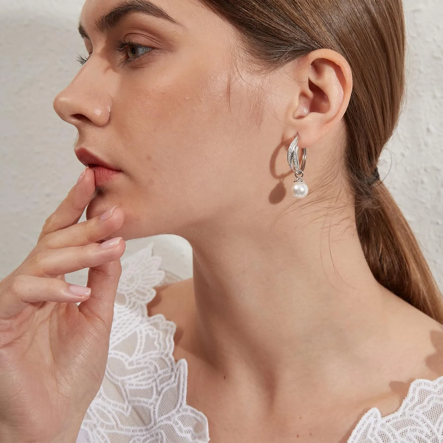 Large Pearl Hoop Earrings for Women 925 Sterling Silver Pearl Dangle Drop Earrings Cubic Zirconia Diamond Pearl Dangling Earrings 10MM