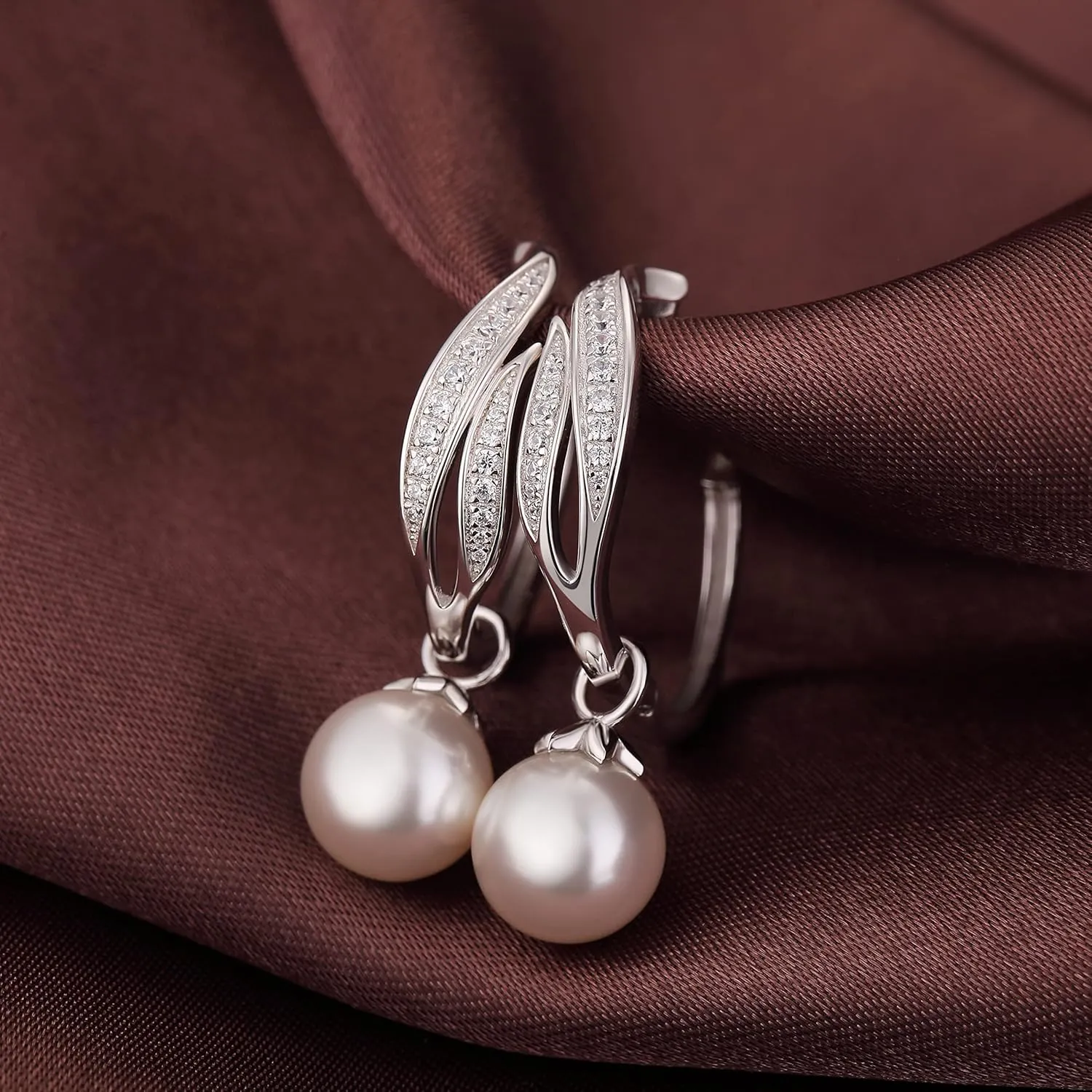 Large Pearl Hoop Earrings for Women 925 Sterling Silver Pearl Dangle Drop Earrings Cubic Zirconia Diamond Pearl Dangling Earrings 10MM