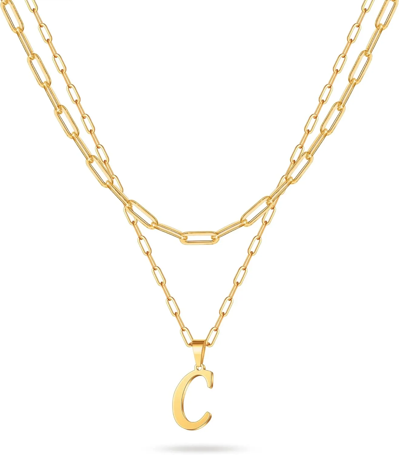 Layered Gold Initial Necklaces for Women, 14K Gold Plated Paperclip Link Chain Necklace for Women Gold Simple Square Letter Pendant Necklace for Women Gold Layered Necklaces for Women Jewelry